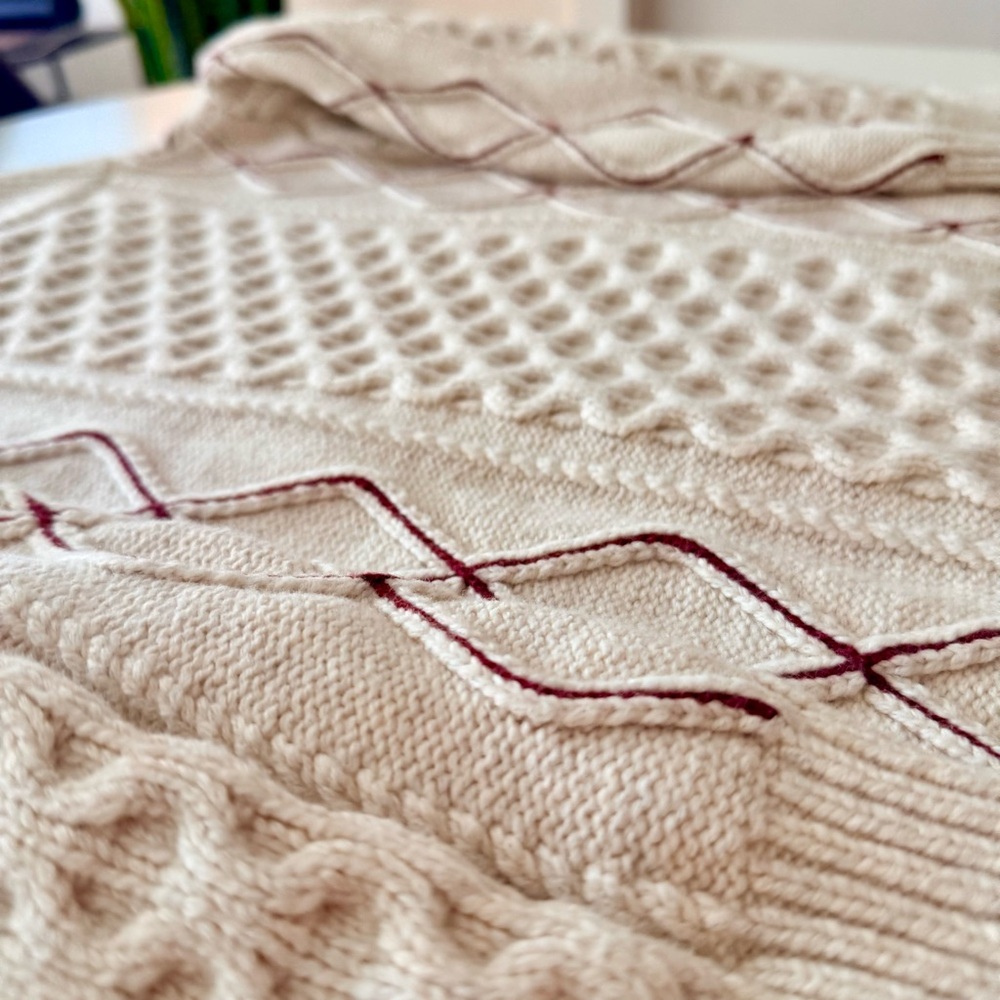 Rails Cream Cable Knit Sweater Burgundy Diamond Stitch Puff Sleeve Knit Top S - Picture 9 of 11